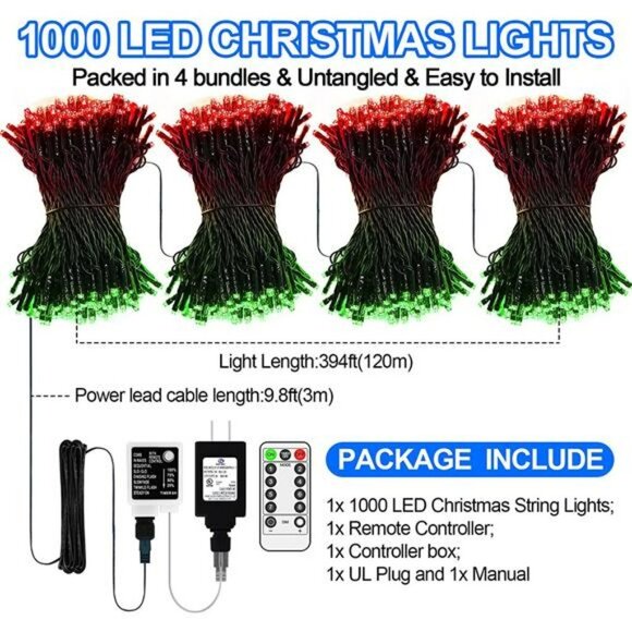 1000LED 394ft Super Long Ultra-Bright Christmas Lights 8 Modes & Timer Plug in - Picture 4 of 14